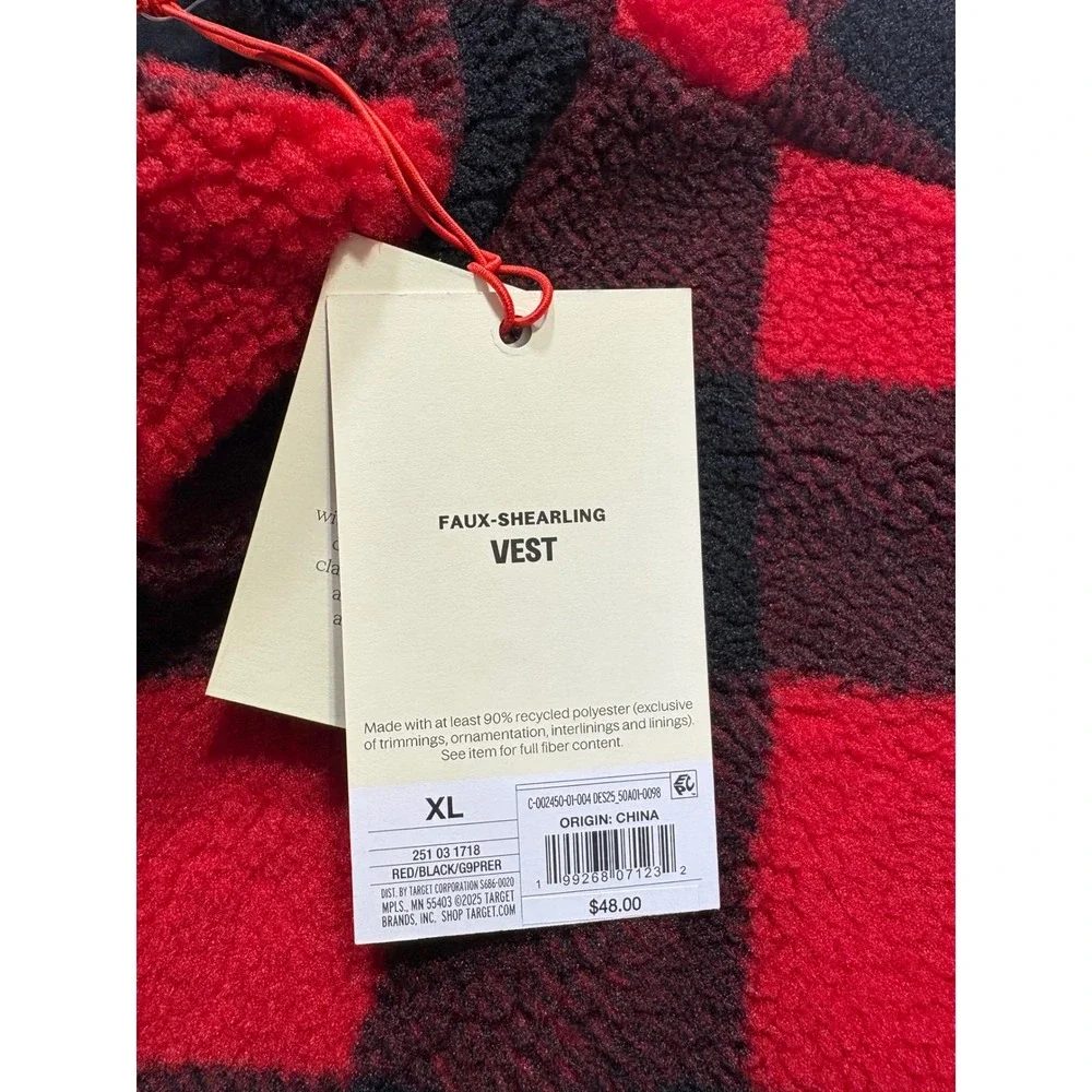 Woolrich x Target Mens Red Black Buffalo Plaid Faux Shearling Fleece Vest XL NWT